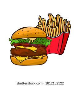 Vector illustration of a hamburger and french fries on a white background. Hand drawn. Fast food. Menu.