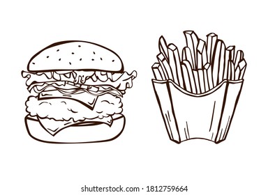 Vector illustration of a hamburger and fries on a white background, hand drawn with brown stroke. Fast food. Menu.