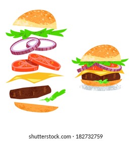 Vector illustration of Hamburger ingredients isolated on white. Exploded burger.