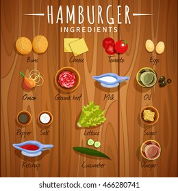 vector illustration of a hamburger. ingredients on wooden background