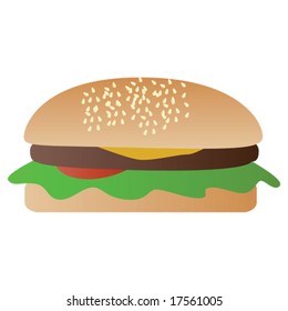 Vector illustration of a hamburger with lettuce, cheese and tomato. For jpeg version, please see my portfolio.