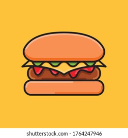 Vector illustration of a hamburger with lettuce, cheese, ketchup, and grilled beef patty on sandwich bread buns on a flat background