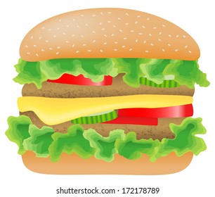 vector illustration of a hamburger with meat, lettuce, cucumber,cheese and tomato 