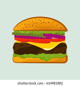 Vector illustration of hamburger with meat,cheese, lettuce, tomato and onion slices