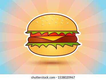Vector illustration of a hamburger on abstract background. Vector illustration of a burger in retro style.