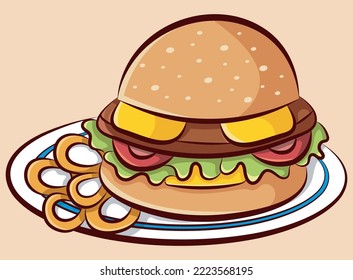vector illustration of hamburger with onion rings on plate, hamburger drawing for restaurant, logo icon symbol