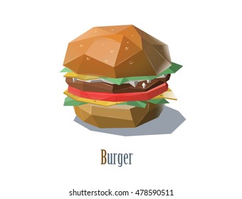 vector illustration of a hamburger, polygonal object, fast food, advertising poster, food icon, white background 