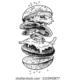 Vektorgrafik eines Hamburgers separat. Handgezeichnete Skizze. Vintage Stilgravur. Fliegender Burger