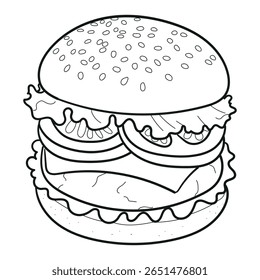 Ilustração vetorial de um hambúrguer com pão de gergelim, alface, tomate, cebola, queijo e empada. Desenho de linha em preto e branco limpo, ideal para colorir páginas, educação alimentar ou gráficos com temática de restaurante