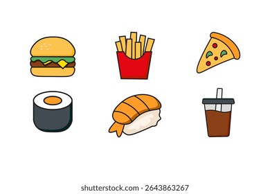A vector illustration of a hamburger with a sesame seed bun, lettuce, cheese, and a patty, all outlined in black.