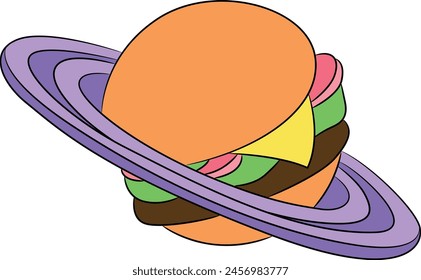 Ilustración vectorial de hamburguesa en forma de planeta de dibujos animados. Concepto científico del icono de la comida. Caricatura de comida.