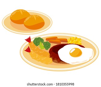 Vector illustration of hamburger steak with fried egg .