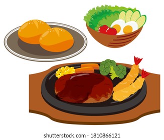 Vector illustration of hamburger steak and vegetable salad with egg . 
