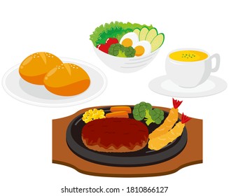 Vector illustration of hamburger steak and vegetable salad with egg . 