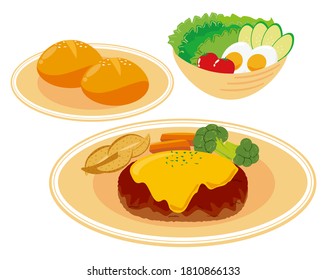 Vector illustration of hamburger steak and vegetable salad with egg . 