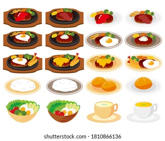 Vector illustration of hamburger steak and vegetable salad with egg . 