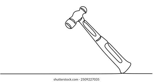 Vector illustration of a hammer captured in one continuous line style. Displays the hammer’s form and utility with a simplistic, flowing line.