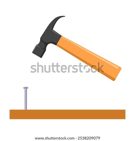 Vector illustration of a hammer hitting a nail into a wooden board, isolated on a white background
