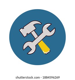 Vector illustration of hammer and key construction equipment logo in gray on cross style and blue circle background.  This logo is suitable for construction companies and so on.