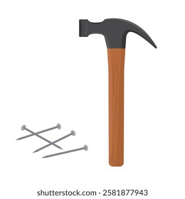 Vector illustration of hammer and nail on white background. A hammer is a repair tool used to drive nails.