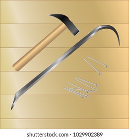 Vector illustration hammer, nails, crowbar located on wooden boards