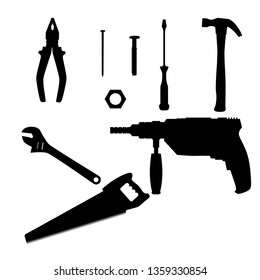 Vector illustration of hammer, nails, pliers screwdriver, screw, nut, saw, wrench, drill on white background