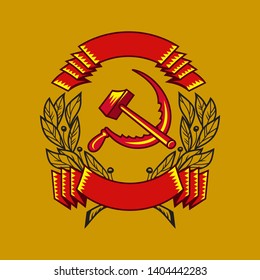 Vector illustration of hammer and sickle red ribbon and Laurel branch. The state symbols of the USSR. Isolated elements on gold background.