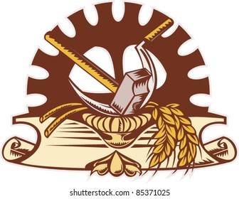 Vector Illustration Of A Hammer ,sickle, Wheat And Mechanical Gear In Background With Scroll On Isolated White Background Done In Retro Woodcut Style.