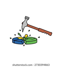 Ilustración vectorial de un martillo rompiendo un gráfico circular, que representa la interrupción de datos, crisis, falla, caída del mercado o descomposición de información compleja.