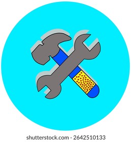 Vector illustration of a hammer and wrench crossed together in flat style. Ideal for repair, tools, construction, maintenance, workshop, or industrial-themed graphics and infographics.
