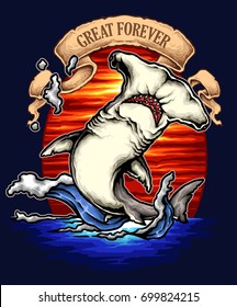 vector illustration of hammerhead shark with sunset wave and great forever banner