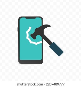 Vector illustration of hammering smartphone screen icon sign and symbol. colored icons for website design .Simple design on transparent background (PNG).