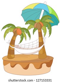 A vector illustration of a hammock between two palm trees