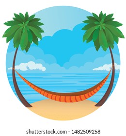 Vector illustration - Hammock relax, palm, sand, ocean on background.