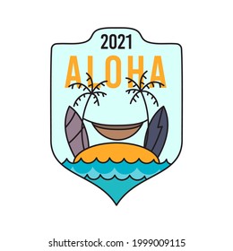 Vector illustration of hammock and surfboards on beach