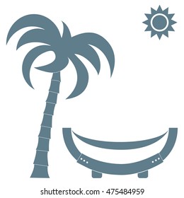 Vector illustration of a hammock under a palm tree and sun on a white background