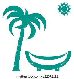 Vector illustration of a hammock under a palm tree and sun on a white background