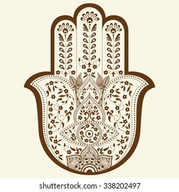 Vector illustration of Hamsa or hand of Fatima. Indian hand drawn hand with ethnic and floral ornaments. Mehndi style illustration of Hamsa.