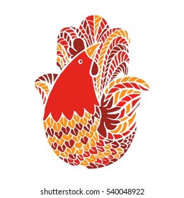 Vector illustration hamsa hand of a red rooster, symbol of the year 2007