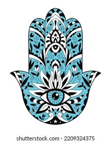 Vektorgrafik des Handzeichens von Hamsa. Hand von Fatima religiösem Zeichen mit allen Augen. Farbseiten. Doodle, zentangle-Stil.