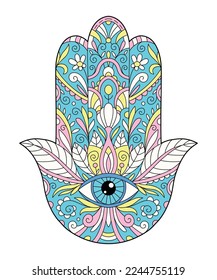 Vector illustration of hamsa hand symbol. Hand of Fatima religious sign with all seeing eye. coloring pages. Doodle, zentangle style.