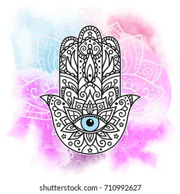 Vector illustration. Hamsa on an abstract watercolor background.