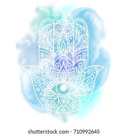 Vector illustration. Hamsa on an abstract watercolor background.