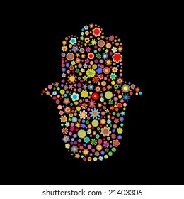 Vector illustration of  hamsa shape  made up a lot of  multicolored small flowers on the black background