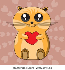 Vector illustration of a hamster in kawaii style. A cute hamster holding a heart in its front paws. Romantic, cute, heart, kawaii, animal, rodent, heart, love