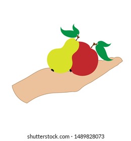Vector illustration of a hand with apple and pear on white background. Symbol of fruit, vegetarian, food, crop, fresh, vegan.