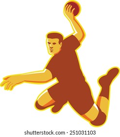 vector illustration of a hand ball player with ball  jumping throwing scoring done in retro style on isolated white background.