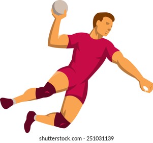 vector illustration of a hand ball player with ball  jumping throwing scoring done in retro art deco style.