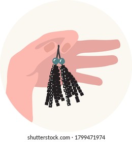Vector illustration of the hand with bead earrings. Emblem in circle in nice natural colors in flat style. It can be used as icon or design element for needlework and  beading site, blogs