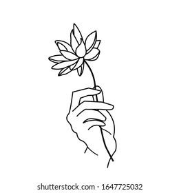 Dibujo vectorial de una mano con una hermosa flor aislada en fondo blanco.